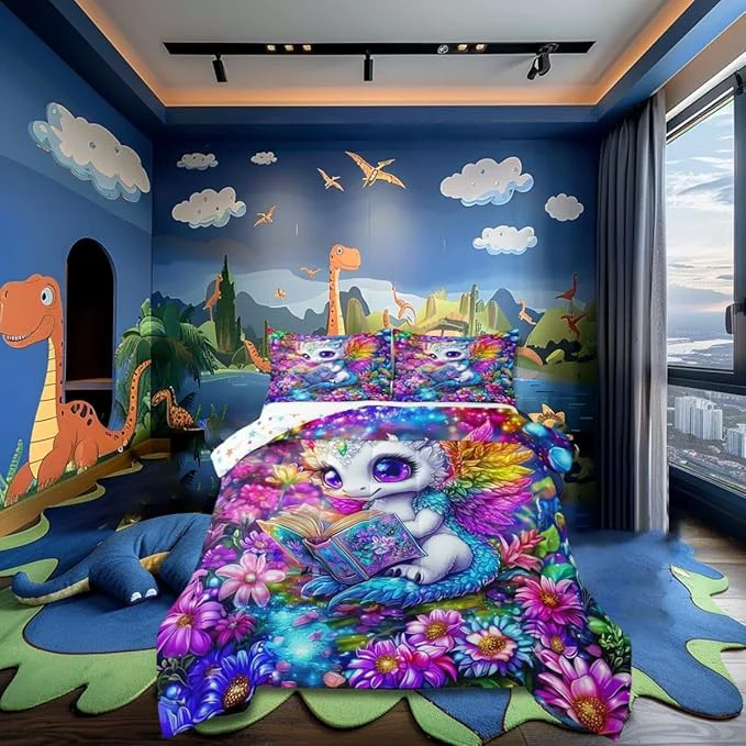 Efficient Cartoon Dragon 3 Pcs King Size Comforter Set Watercolor Flowers Down Adults Bedroom Decor Western Wildlife Animal Ultra Soft Microfiber Inner Fill 3Pcs Bedding Lightweight