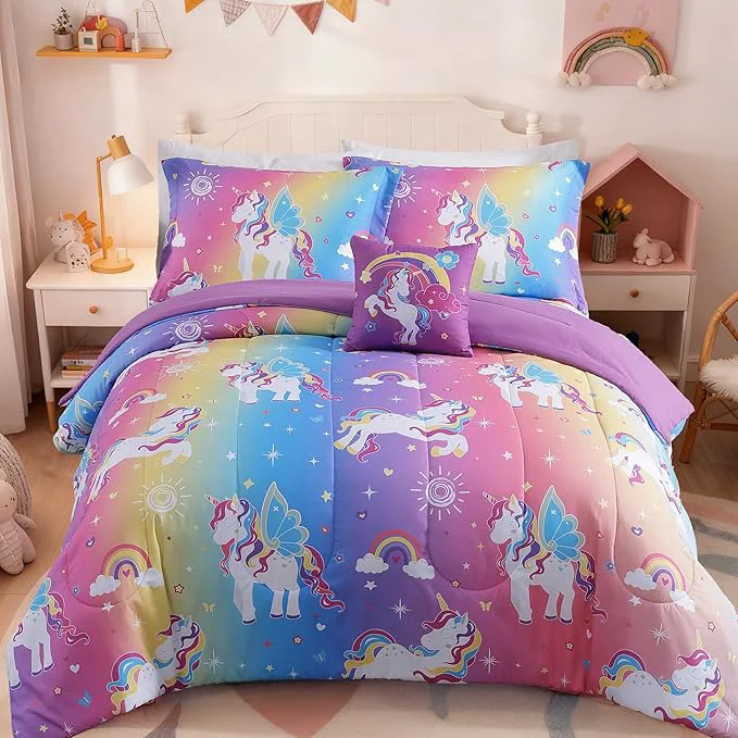 Enhanced Full Size Comforter Set for Girls-4 Pieces Rainbow Unicorn Patterns Full Bedding Set with 1 Comforter 1 Decor Pillow amp 2 Pillow Shams Quality