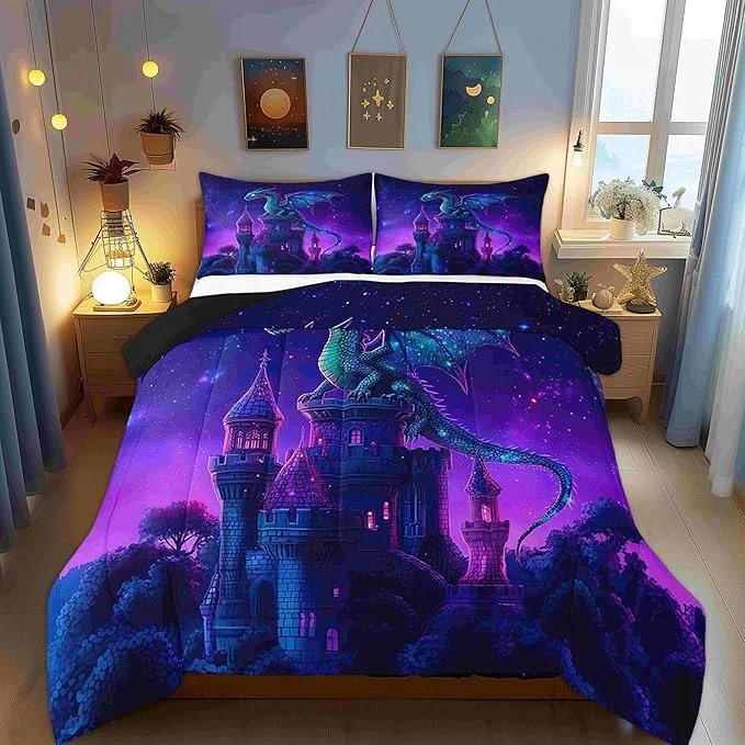 Certified Castle Mysterious al Theme 3 Pcs King Size Comforter Set Fierce Wild Animals Down Adults Bedroom Decor Western Dragon Ultra Soft Microfiber Inner Fill 3 Pcs Bedding Fashionable