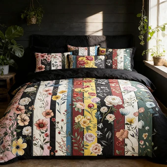 Pure Black Vintage Queen Size Bed in A Bag for Girls 7Pcs Black Floral Comforter Bedding Set with Stripe Patchwork 1 Comforter 90 quot x90 quot 2 Pillowcases 1 Flat Sheet 1 Fitted Sheet 2 Pillowshams Exclusive