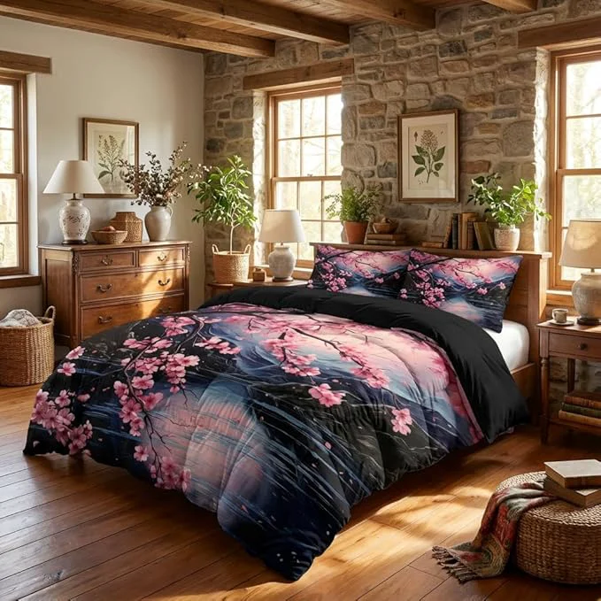 Functional Japanese Cherry Blossom Comforter Set King Women Black Pink Floral Bedding with 2 Pillowcases 3Pcs Soft Farmhouses Country Bedroom Decor Quilt Set 104 quot x90 quot Top-Quality