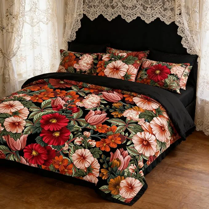 User-Friendly Vintage Comforter Set Full Size Women Tropical Floral Bedding 3 Pcs Victorian Microfiber Comforter with 2 Pillowcases 79 x90 Black Red Next-Generation