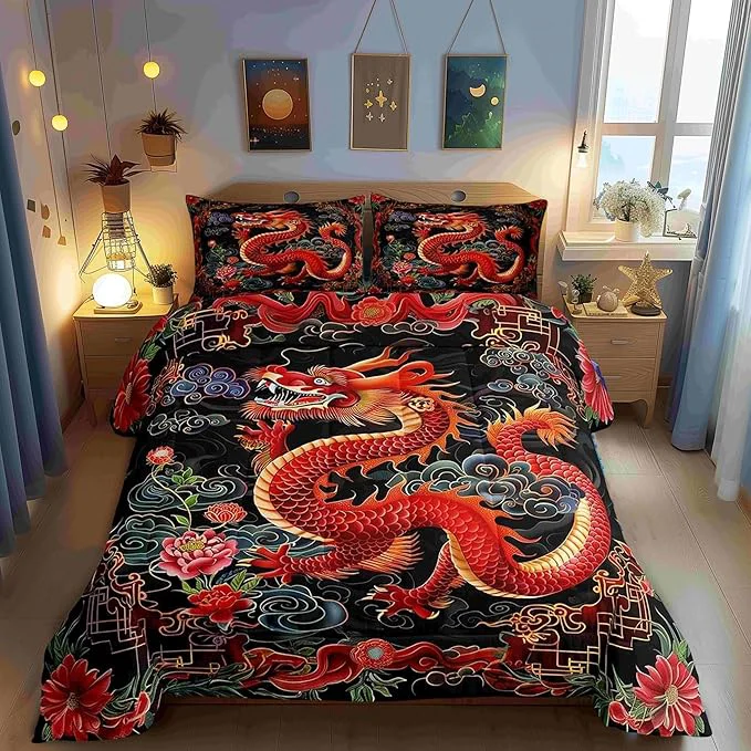 World-Class Castle Fairy Chinese Loong 3 Pcs Queen Size Comforter Set Exotic Chinese Style Down Adults Bedroom Decor Watercolor Flowers Ultra Soft Microfiber Inner Fill 3Pcs Bedding Effective