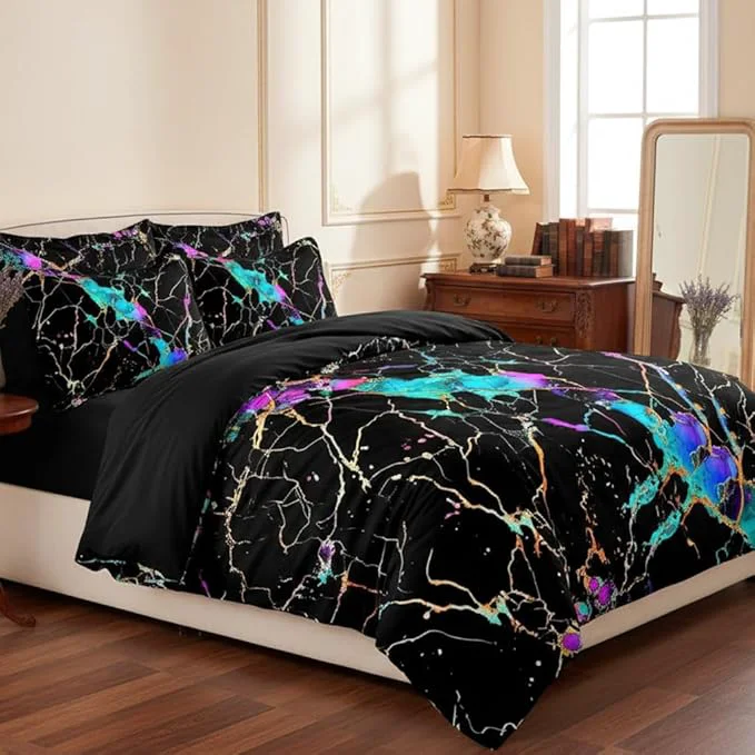 Certified Black Comforter Set King Size Abstract Marble Bedding Sets with Neon Gardient Texture 3Pcs Soft Microfiber Quilted Comforter for All Season 104 quot x90 quot Exceptional