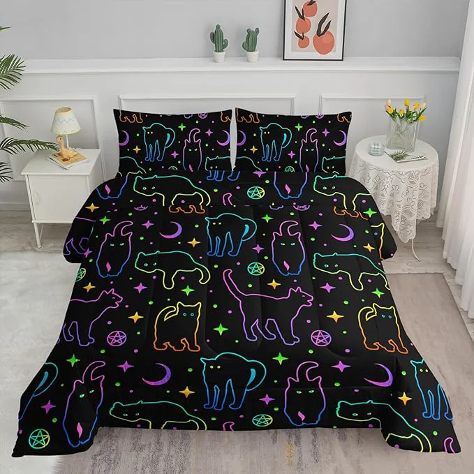Recyclable Black Cat Bedding Cartoon Cat Comforter Set Queen Moon Stars Printed Kids Bedding Set for Boys Girls Adults Room Decor Kids Comforter Set All Season 1 Quilt 2 Pillow Cases Neon Color Blue Green Professional