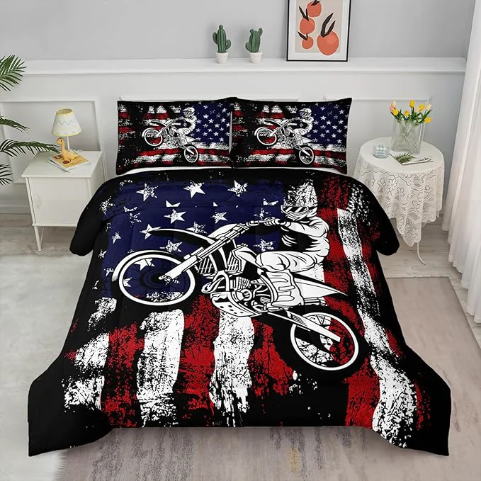 Enhanced Axolotl Dirt Bike Comforter Set Twin American Flag Bedding Set Motocross Comforter White Red Stripes Stars Bedding Motorcycle Racer Quilt for Boys Kids Teens Men 1 Dirt Bike Quilt 2 Pillowcases Durable