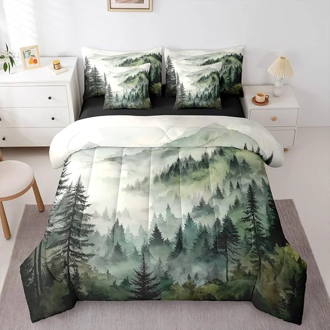 Professional Erosebridal Dark Green Misty Forest King Bed in A Bag 7 Piece Mountain Foggy Woodland Comforter Set with Sheets Rustic Pine Tree Bedding Sets for Kids Adults Watercolor Nature Theme Bed Set Advanced