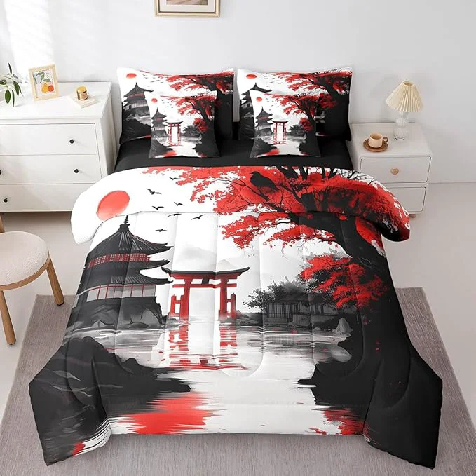 Artisan Erosebridal Japanese Full Comforter Set with Sheets 7 Piece Sun Cherry Blossom Bedding Set for Girls Women Watercolor Black Red Mountain Sakura Floral Bed in A Bag Asian Chinese Ink Sheet Set User-Friendly