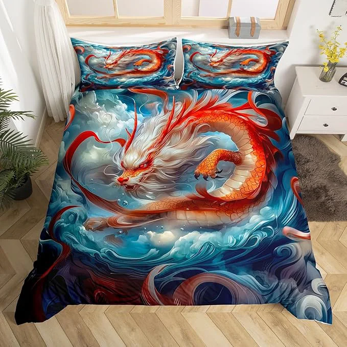 Detailed Feelyou Dragon Monster Bedding Set King Size Red Mighty Dragon Duvet Cover for Adult Kids Boys Girls Classical Monster Comforter Cover Set Wild Animal Bedspread Cover 3Pcs Zipper Sustainable