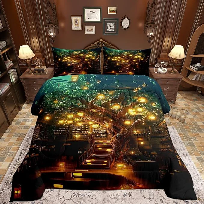 Next-Generation Castle Fairy al Mysterious Style Kids Comforter Set Modern Building Trees Down Adults Bedroom Decor Bookshelf Bookcase Ultra Soft Microfiber Inner Fill 3Pcs Bedding Queen Size