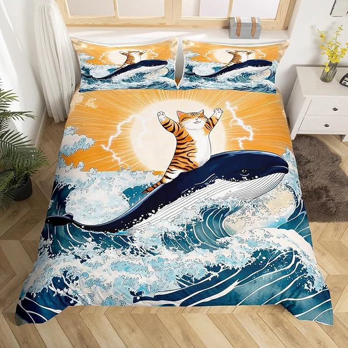Quality Feelyou Cute Cat Whale Bedding Set Toddle Size Japanese Ukiyoe Theme Duvet Cover for Adult Kids Boys Girls Cartoon Anime Comforter Cover Set Navy Blue Bedspread Cover 2Pcs Zipper Versatile