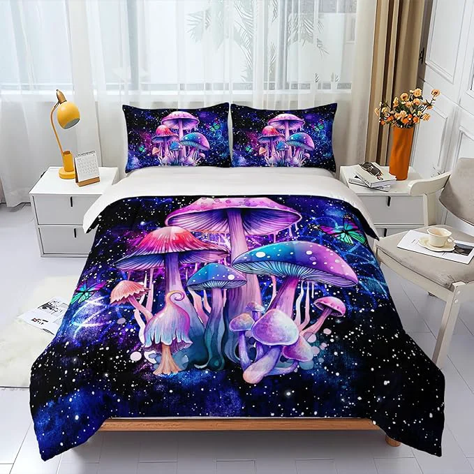 Elite Fantasy Mushrooms Comforter Set Queen Galaxy Fantasy 3 Pieces Bedding Set for Teens Kids Violet Down Bed Comforters Bedding Sets for All Season Stylish