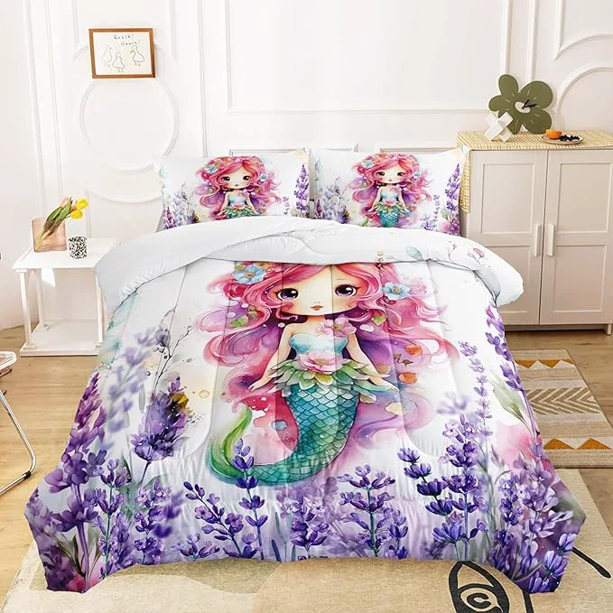 Efficient Lavender Mermaid Comforter Set for Teens Girls Kawaii Violet 3 Pieces Bedding Set Twin Lightweight Microfiber Violet Flowers Down Bed Set Comforter with 2 Pillowcase Fast