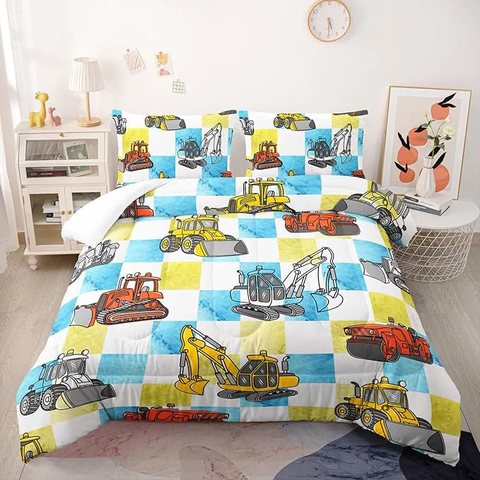 Sustainable Boy 39 s Construction Truck Comforter Set Twin Orange and Yellow Truck 3 Pieces Bedding Set for Kids Boys Teens Blue and Yellow Plaid Microfiber Lightweight Quilt Bedroom Decor with 2 Pillow Cases Prestigious