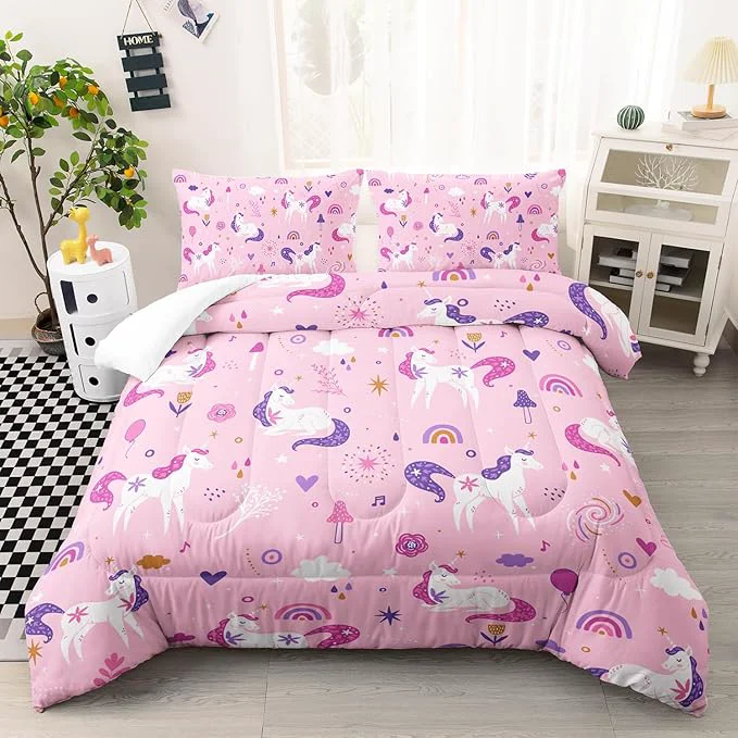 Detailed Unicorn 3 Piece Girl Bedding Set Pink Unicorn Bedding Set for Kids Unicorn Comforter Set Girls Room Decor Rainbow Clouds Star Quilt Set for Girls 1 Comforter 2 Pillowcase All Seasons Certified