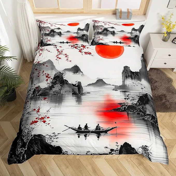Advanced Feelyou Japanese Theme Bedding Set Full Size Cherry Blossom Duvet Cover for Adult Kids Boys Girls Watercolor Comforter Cover Set Natural Landscape Bedspread Cover 3Pcs Zipper Refined