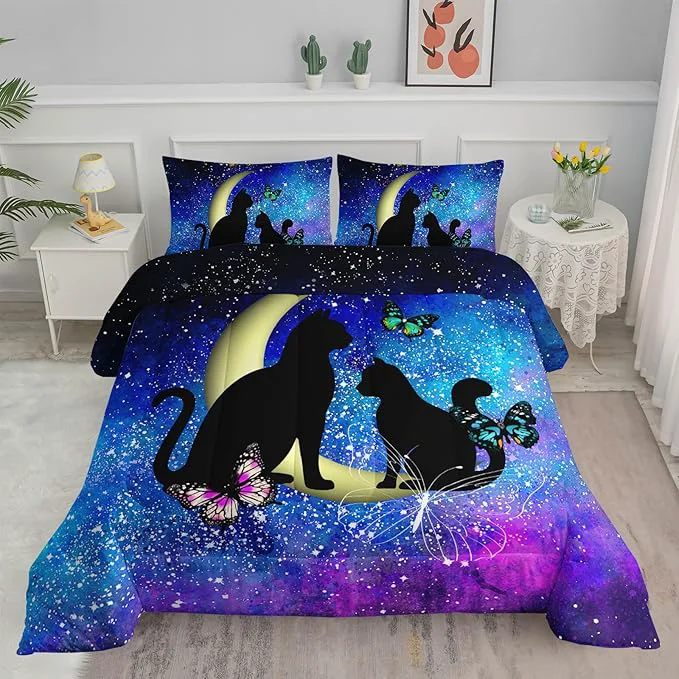 Casual Black Cat Bedding Cartoon Cat Comforter Set Twin Butterflies Moon Printed Kids Bedding Set for Kids Boys Girls Adults Teens Kids Comforter Set All Season 1 Quilt 2 Pillow Cases Blue Original Design
