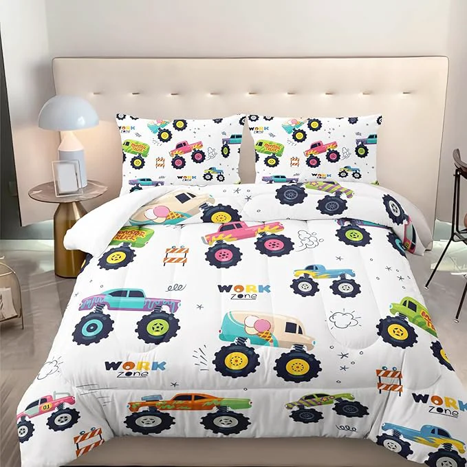 Breathable Kids Comforter Set for Boys Cartoon Monster Car 3 Pieces Bedding Set Queen Colorful Off-Road Vehicle All Season Soft Microfiber Down with 2 Pillowcases Contemporary