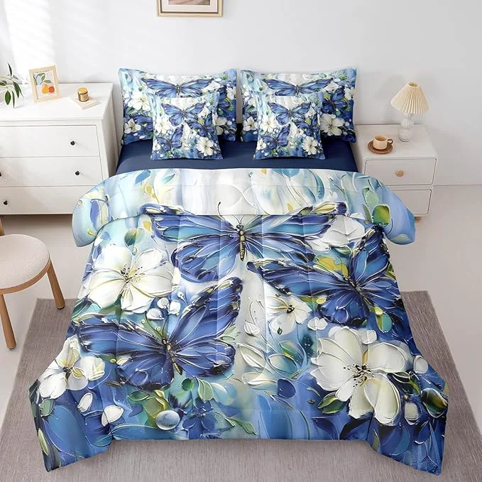 Superior Erosebridal 7 Piece Blue Butterfly Queen Bedding Set with Sheets for Girls White Flowers Oil Painting Boho Bed in A Bag Retro Floral Butterfly Comforter Set Aesthetics Bohemian Animal Bed Set Elegant