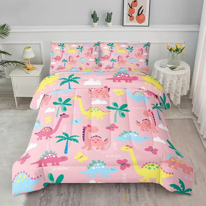 Green Axolotl Cute Dinosaur Comforter Set Twin Colorful Dinosaur Girls Bedding Set Dinosaurs Print Comforter Sets Botanical Palm Trees Butterfly Bedding Set for Kids Girls Teens 1 Quilt 2 Pillowcases Pink Smart