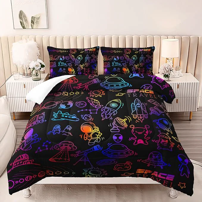 Comfortable Cartoon Space Comforter Set for Kids Boys Girls 3 Pieces Outer Space Bedding Twin Size Rocket Planet Spaceship Travel Toddler Bedding Set for Teen Boy Room Decor with 1 Comforter 2 Pillowcase Organic