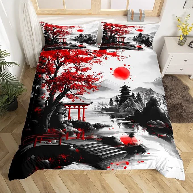 Top-Quality Feelyou Japanese Style Bedding Set Queen Size Cherry Blossom Duvet Cover for Adult Kids Boys Girls Watercolor Comforter Cover Set Natural Landscape Bedspread Cover 3Pcs Zipper Verified