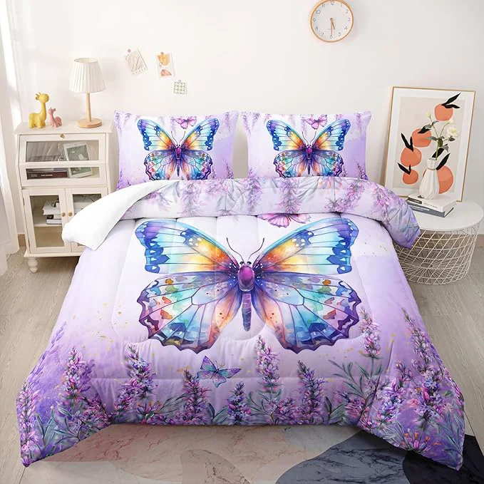 Sophisticated Lavender Comforter Set Queen Size Violet Flower Butterfly 3 Piece Bedding Set Lightweight Down Spring Violet Bed Comforter and 2 Pillowcases for All Seasons Secure