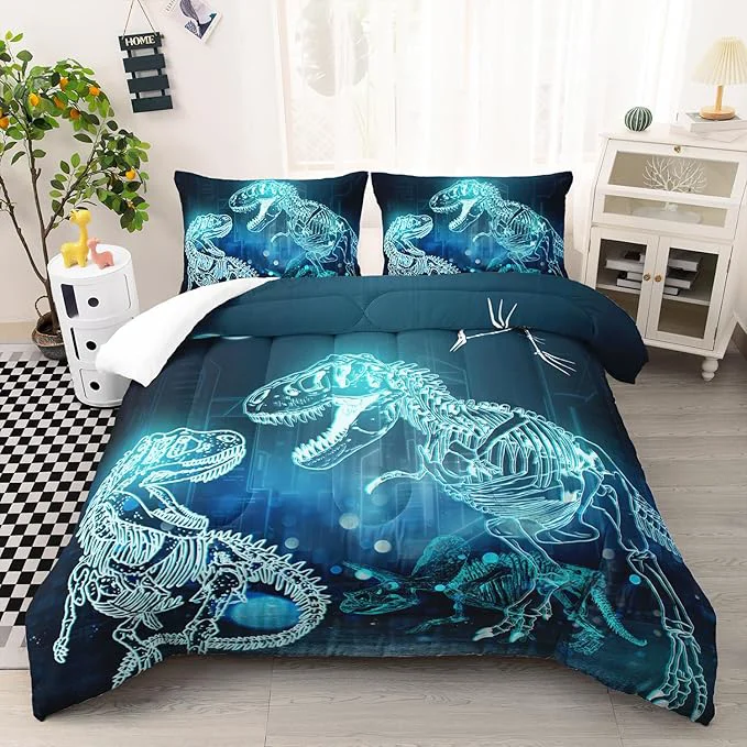 Reliable Dinosaur Comforter Set for Teens Boys Girls Dino Eyes 3 Pieces Bedding Set Twin Dark Blue Lightweight Down Bedding Sets for All Season Crafted