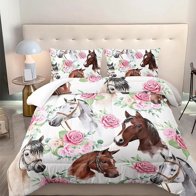 Authentic Horse and Flower Comforter Set for Girls Kids Horse and Floral 3 Piece Bedding Set Queen Floral Lightweight Comforter Down with 2 Pillowcases All Seasons First-Class