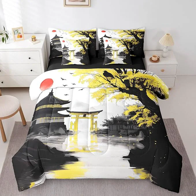 Contemporary Erosebridal Japanese Full Bed in A Bag with Sheets Sun Cherry Blossom Comforter Set 7 Piece Black Gold Pavilions Mountain Floral Bedding Set for Kids Adults Chinese Ink Anime Sheet Set Elegant