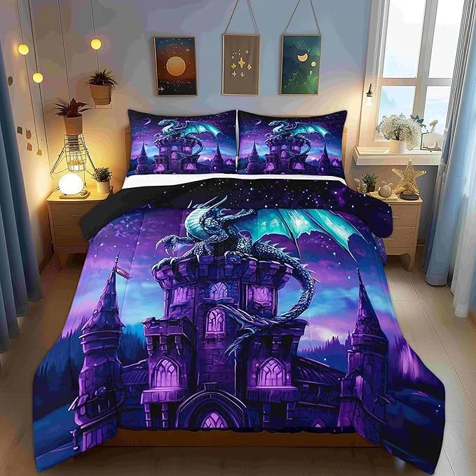 Minimalist Dragon Wildlife 3 Pcs King Size Comforter Set Mysterious al Theme Down Adults Bedroom Decor Western Castle Ultra Soft Microfiber Inner Fill 3Pcs Bedding Exceptional