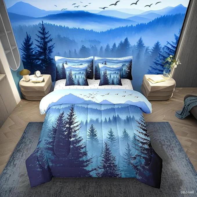 Modern Erosebridal Dark Blue King Comforter Set with Sheets Mountain Pine Tree Forest Bedding Sets 7 Piece Rustic Woodland Nature Landscape Bed in A Bag for Kids Boys Teen Men Soft Lightweight Bed Set Traditional