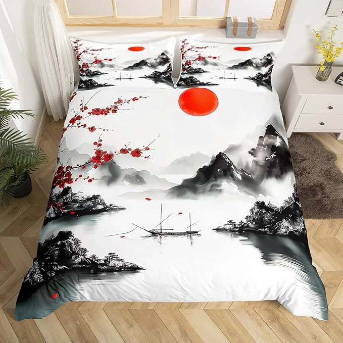 Genuine Feelyou Japanese Ukiyoe Theme Bedding Set Queen Size Cherry Blossom Duvet Cover for Adult Kids Boys Girls Watercolor Comforter Cover Set Natural Landscape Bedspread Cover 3Pcs Zipper Soft