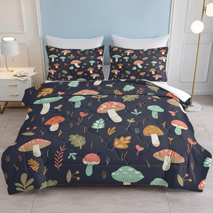 Fine SOULZZZ Colorful Mushroom Bed Set – California King Comforter and 2 Pillowcases – Super Soft Comfy Breathable Trippy Mushroom Design High-Quality