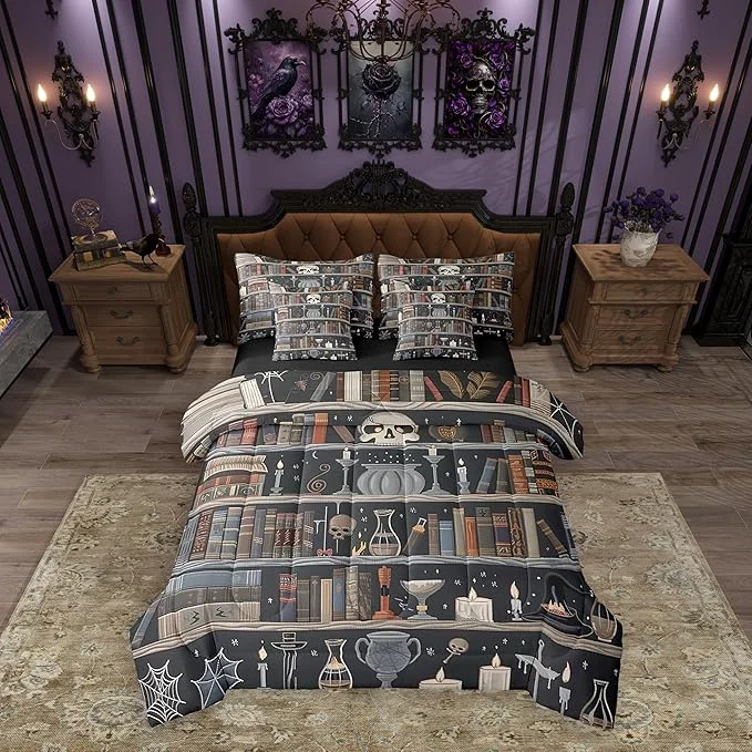 Effective Feelyou Bookshelf Comforter Set 7 Pieces Queen Size Vintage Library Bedding Set for Boys Girls Book Skull Bed in a Bag with Comforter Sheets Pillowcases amp Cushion Covers Sophisticated