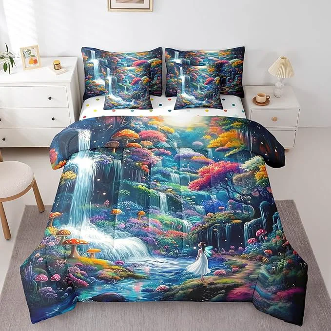 Traditional Feelyou Waterfall Comforter Set 7 Pieces Queen Size Moon Landscape Bedding Set for Boys Girls al Bed in a Bag with Comforter Sheets Pillowcases amp Cushion Covers Superior