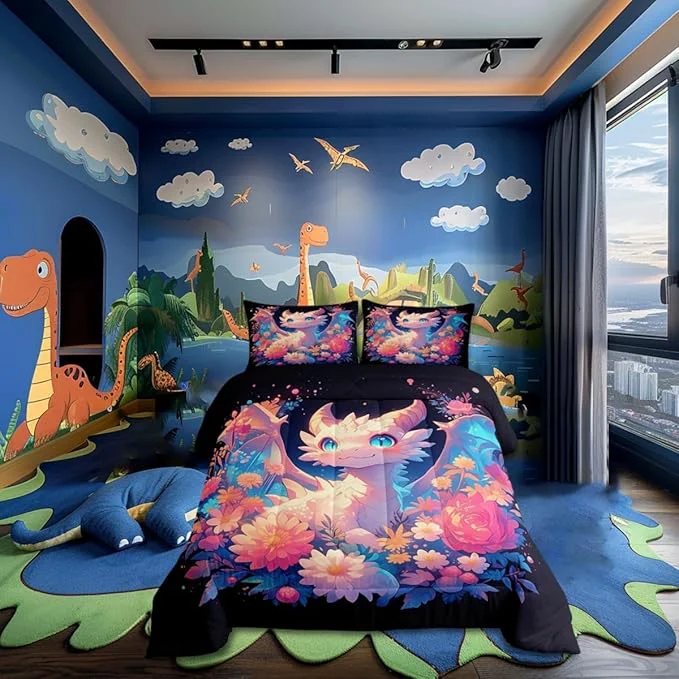 Contemporary Castle Fairy Dragon Twin Size Comforter Set Watercolor Flower Duvet Set Soft Bed Collection Cute Wildlife Western Animals Bedding Comforter for Boys Girls Bedroom 2 Pcs Secure