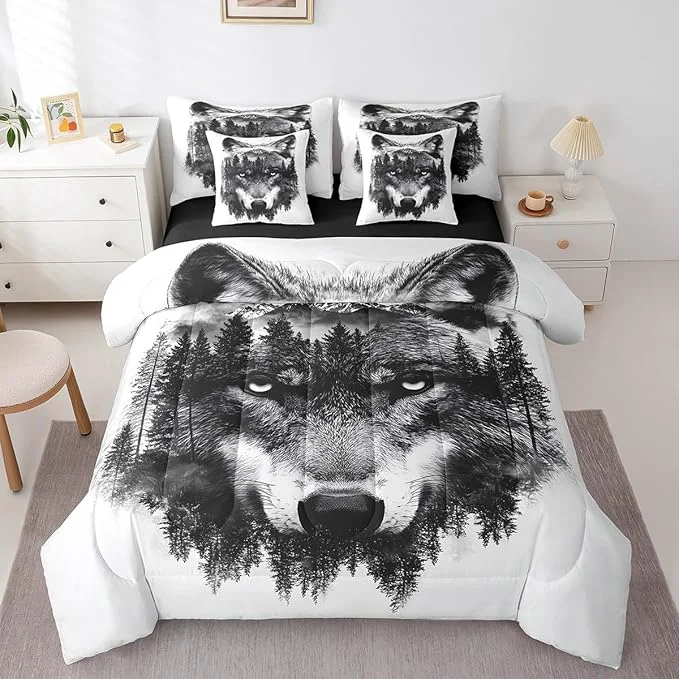 Traditional Feelyou Wolf Comforter Set 7 Pieces King Size Fishing and Hunting Bedding Set for Boys Girls Wildlife Bed in a Bag with Comforter Sheets Pillowcases amp Cushion Covers Fast