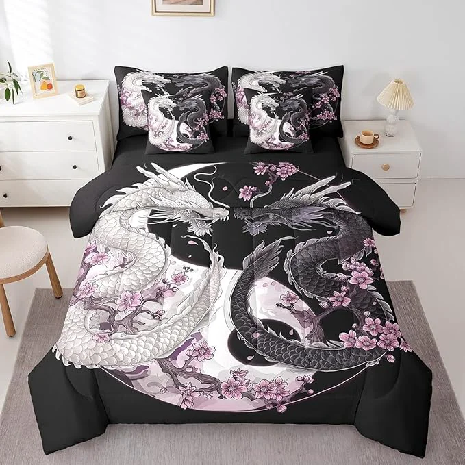 Dependable Feelyou Dragon Comforter Set 7 Pieces Full Size Yin Yang Cherry Flower Bedding Set for Boys Girls Wildlife Bed in a Bag with Comforter Sheets Pillowcases amp Cushion Covers Relaxed