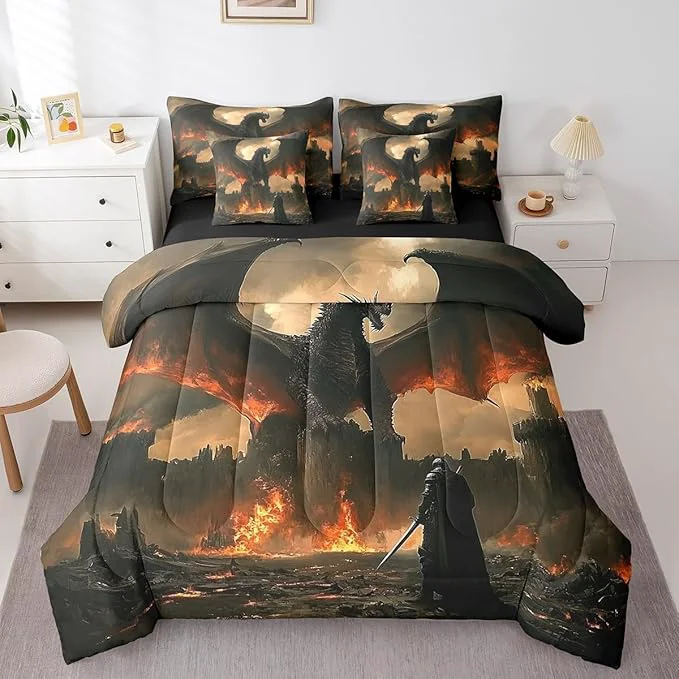 Flexible Feelyou Medieval Fantasy Dragon Comforter Set 7 Pieces Queen Size Ancient Animal Bedding Set for Boys Girls Fairy Goth Bed in a Bag with Comforter Sheets Pillowcases amp Cushion Covers Soft