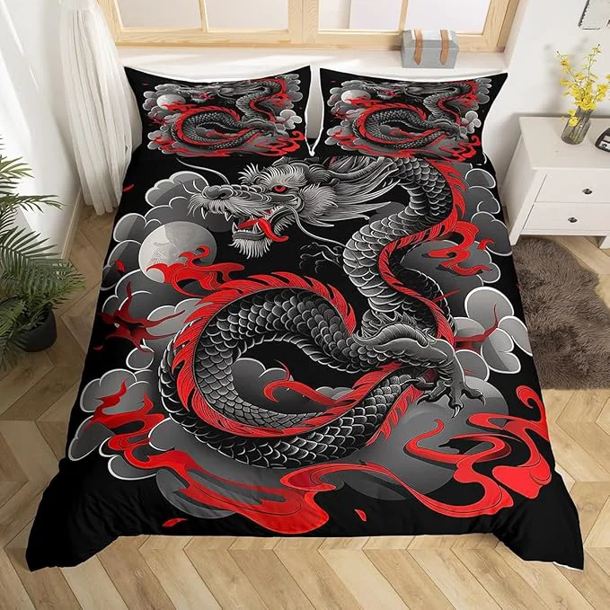 Contemporary Feelyou Dragon Bedding Set Toddler Size Kids Japanese Ukiyoe Comforter Cover Set Japanese Style 3D Dragon Anime Ancient Wildlife Sun Duvet Cover Black Bedspread Cover Quilt Cover No Comforter Fine