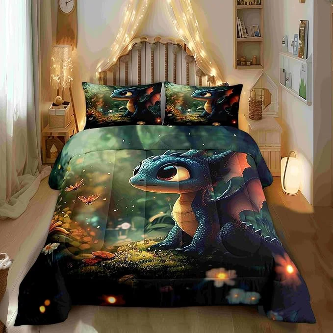 Functional Castle Fairy Cute Dragon Bedding Set for Boys Girls Kawaii Flower Animals All Season Cozy Comforter Set Full Size Mysterious Wild Animals Duvet Set Bedroom Decor Festival Gifts Natural