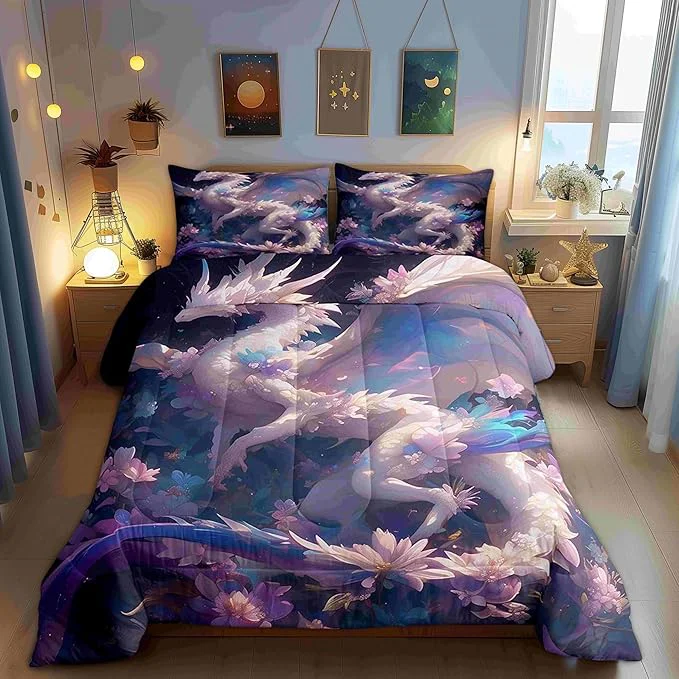 Top-Quality Watercolor Flowers 3 Pcs King Size Comforter Set Dreamy Cartoon Animals Down Adults Bedroom Decor Dragon Ultra Soft Microfiber Inner Fill 3 Pcs Bedding Practical