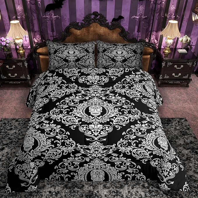 Versatile Feelyou Adults White Vintage Damask Floral Comforter Set Oriental Antique Comforter Twin Size Gothic Bohemia Boho Bedding Set Exotic Sugar Skull Duvet Set Quilt Set 2Pcs Casual