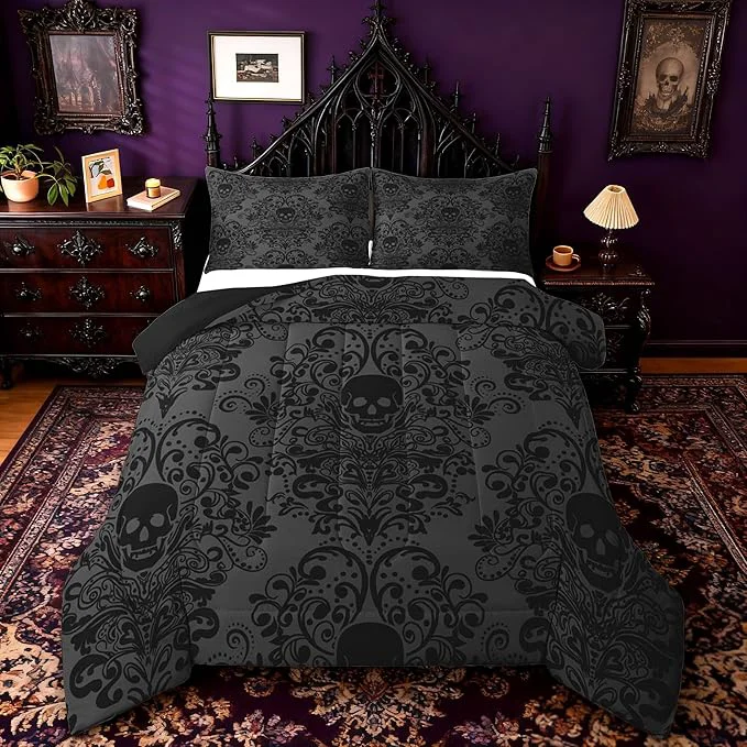 Enhanced Feelyou Adults Gothic Skull Bedding Set Full Size Kids Damask Print Comforter Goth Bohemian Duvet Breathable Soft Lightweight Microfiber Dark Olive Green Room Decor with 2 Pillowcases Prestigious