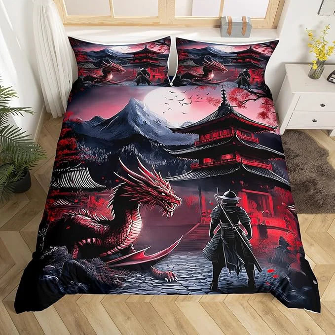 Exclusive Feelyou Dragon Bedding Set Toddler Size Kids Samurai Comforter Cover Set for Boys Japanese Style 3D Dragon Theme Anime Ancient Wildlife Duvet Cover Red Bedspread Cover Quilt Cover No Comforter Optimized