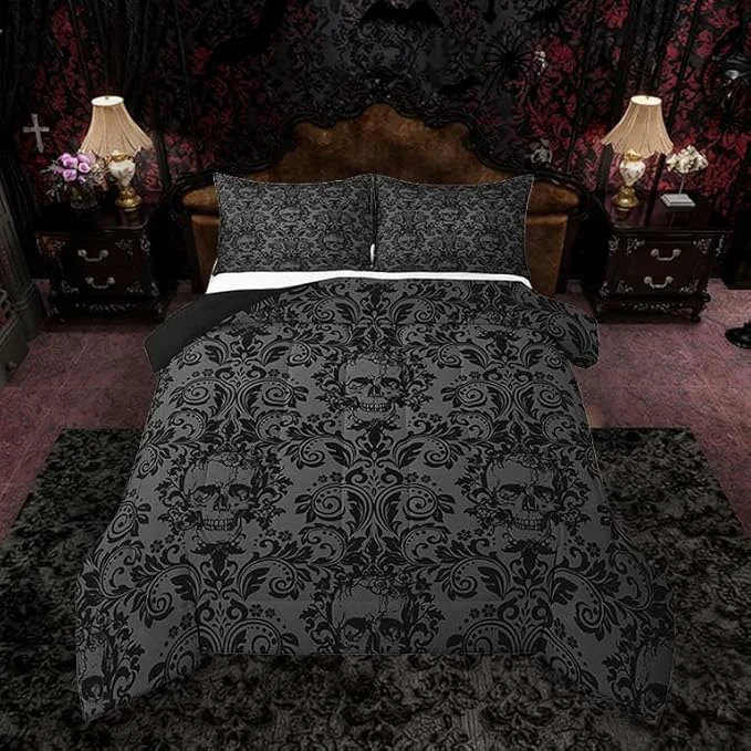 Clean Feelyou Adults Gothic Comforter Set King Size Dark Olive Green Damask Comforter Skull Bohemia Boho Bedding Set Goth Duvet Set Vintage Victorian Baroque Floral Quilt Set 3Pcs Smart