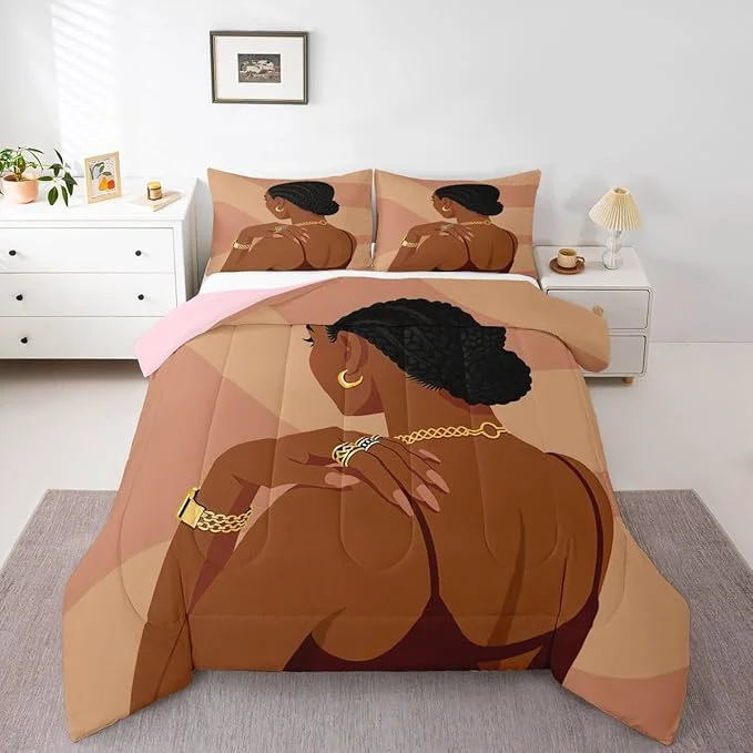 Minimalist Erosebridal Fashion Black Woman Comforter Set King Size 3 Piece Romantic Makeup Themed Girls Bedding Set Fashionable Gorgeous Down Comforter Vogue Afro Girls Duvet Insert for Kids Teens Adult Bedroom Comfortable