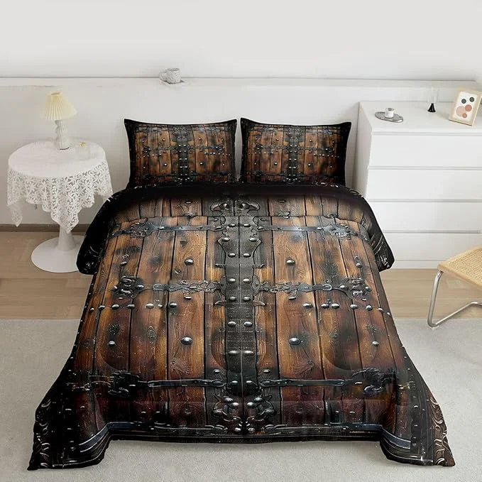 Easy-to-Use Medieval Themed Comforter Set Toddler Size Castle Knight Wall Bedding Set for Kids Teens Bedroom Retro Wooden Board Down Comforter 2 Pcs 1 Pillowcase Secure