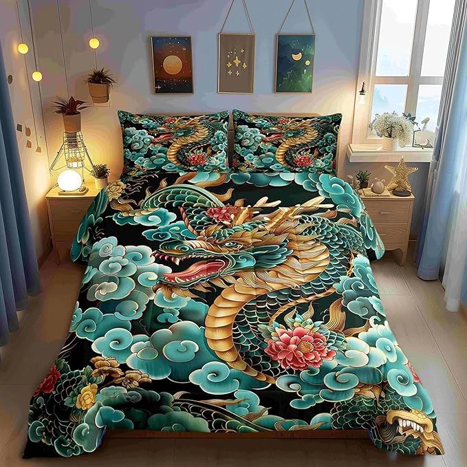 Luxury Castle Fairy Exotic Chinese Style 3 Pcs Comforter Duvet Set Propitious Cloud Ultra Soft Bed Collection Chinese Loong Bedding for Room Decor 3 Pcs Microfiber Breathable King Proven